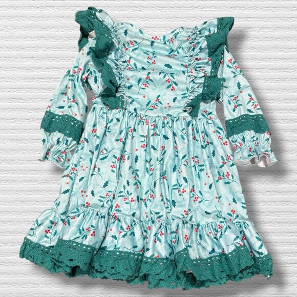 Girls Christmas Holly Print Ruffle Dress 2T Green Red Holiday Long Sleeve - Picture 6 of 6
